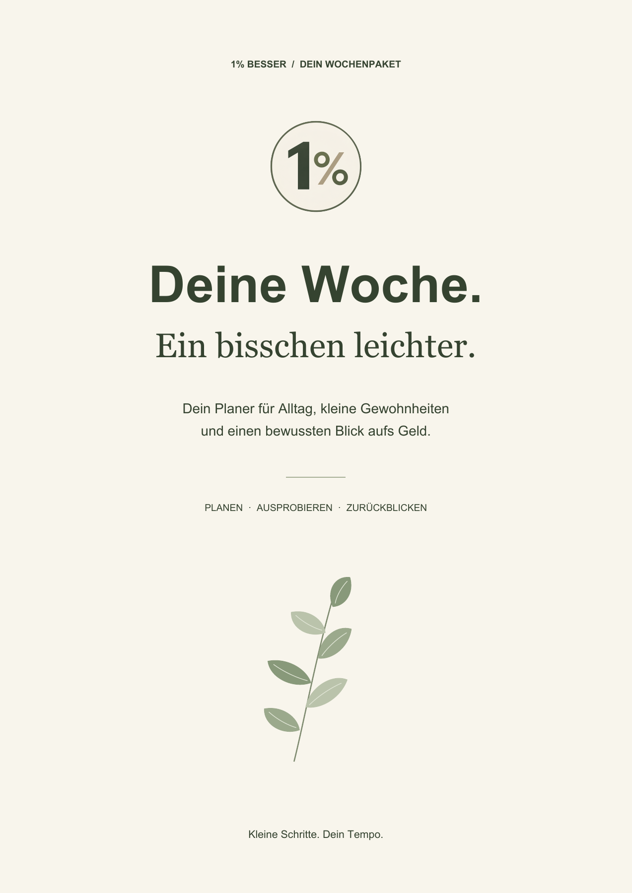 Deckblatt: Deine Woche. Ein bisschen leichter. Mit einem grünen Blattzweig auf cremefarbenem Hintergrund.